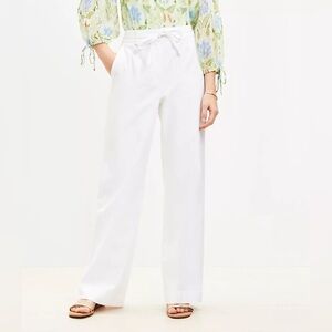 Loft White Linen Blend Straight Leg Pants Size 10 High Rise Tie Waist